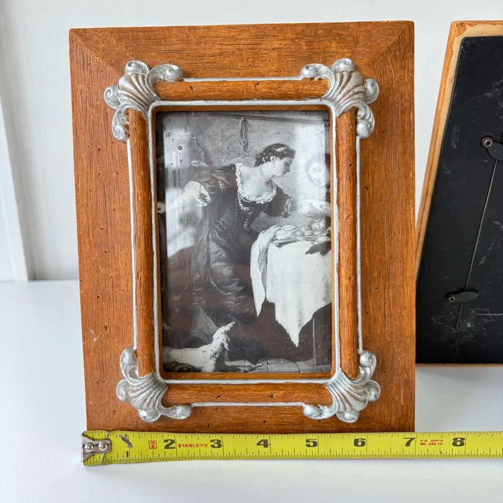 Vintage Ornate Wood Look Resin Picture Frames Silver Scroll Set of 2 Tabletop